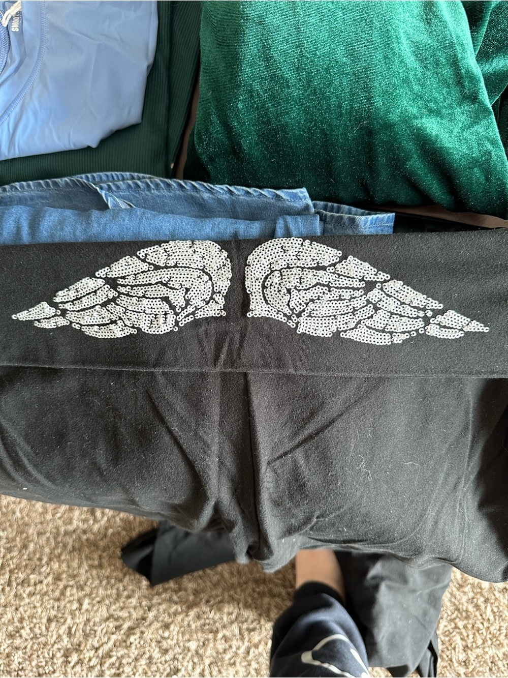 Victoria's Secret Black Yoga Bootcut Leggings Sequin Angel Wings - Picture 2 of 4